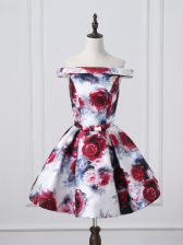  Multi-color A-line Off The Shoulder Sleeveless Printed Mini Length Lace Up Ruching Homecoming Dress