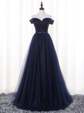  Navy Blue Off The Shoulder Lace Up Belt Quinceanera Court Dresses Sleeveless