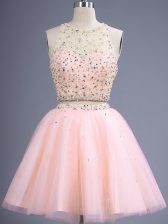  Sleeveless Tulle Knee Length Lace Up Dama Dress in Peach with Beading
