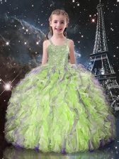 Graceful Floor Length Lace Up Little Girls Pageant Dress Yellow Green for Quinceanera and Wedding Party with Beading and Ruffles