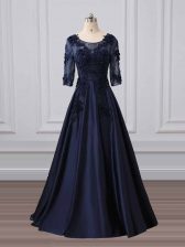  Satin Scoop 3 4 Length Sleeve Brush Train Zipper Lace and Appliques Prom Evening Gown in Navy Blue