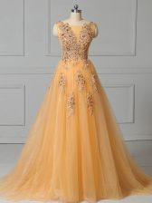 Customized Scoop Sleeveless Tulle Evening Dress Appliques and Pattern Brush Train Lace Up