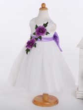 Bowknot and Hand Made Flower Toddler Flower Girl Dress White Zipper Sleeveless Knee Length