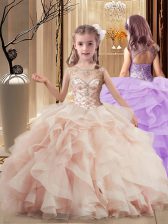  Lace Up Child Pageant Dress Peach for Party and Wedding Party with Beading and Ruffles Brush Train