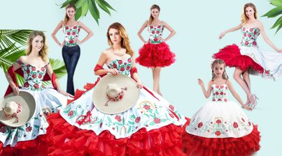  Embroidery and Ruffled Layers Sweet 16 Quinceanera Dress Red Lace Up Sleeveless Floor Length