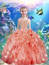  Watermelon Red Ball Gowns Organza Straps Sleeveless Beading and Ruffles Floor Length Lace Up Little Girl Pageant Dress
