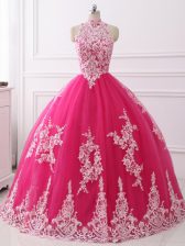 Delicate Hot Pink Tulle Zipper High-neck Sleeveless Floor Length Quinceanera Gowns Lace
