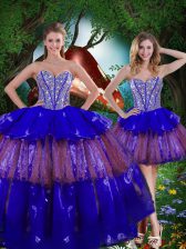 Popular Multi-color Sweetheart Lace Up Beading and Ruffled Layers and Sequins 15 Quinceanera Dress Sleeveless