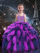  Eggplant Purple Straps Lace Up Beading and Ruffles Child Pageant Dress Sleeveless