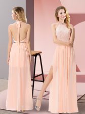  Halter Top Sleeveless Dress for Prom Floor Length Sequins Peach Chiffon