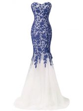 Noble Blue And White Zipper Prom Evening Gown Beading and Lace and Appliques Sleeveless Brush Train