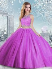 Top Selling Tulle Scoop Sleeveless Clasp Handle Beading and Sequins Quinceanera Dresses in Lilac