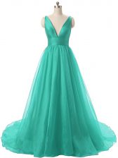 Elegant Turquoise Backless Prom Party Dress Ruching Sleeveless Brush Train