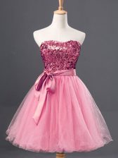 Delicate Rose Pink Zipper Sequins Sleeveless Mini Length