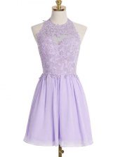High End Lavender Empire Chiffon Halter Top Sleeveless Lace Knee Length Lace Up Damas Dress