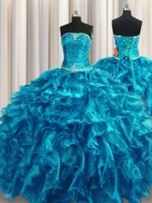 Great Organza Strapless Sleeveless Lace Up Beading and Ruffles Quinceanera Dresses in Teal 