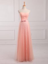  Sweetheart Sleeveless Quinceanera Court of Honor Dress Floor Length Belt Peach Tulle and Lace