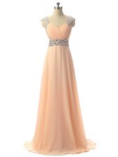 Perfect Cap Sleeves Floor Length Beading Lace Up Prom Dress with Peach
