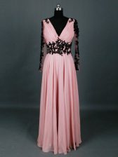Sweet Pink Empire Chiffon V-neck Long Sleeves Lace and Appliques Floor Length Zipper Evening Dress