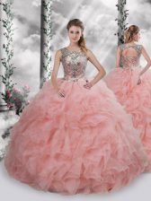Excellent Sleeveless Floor Length Beading and Ruffles Lace Up Ball Gown Prom Dress with Baby Pink