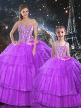  Sleeveless Organza and Tulle Floor Length Lace Up Sweet 16 Quinceanera Dress in Purple with Beading and Ruffled Layers