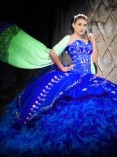 Designer Sweetheart Sleeveless Organza Quinceanera Dresses Embroidery and Ruffles Brush Train Lace Up