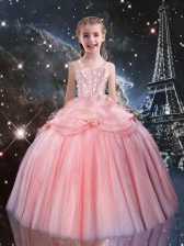 Excellent Rose Pink Tulle Lace Up Straps Sleeveless Floor Length Girls Pageant Dresses Beading