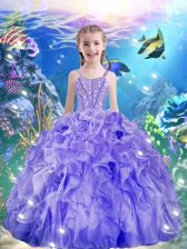  Organza Straps Sleeveless Lace Up Beading and Ruffles Little Girls Pageant Dress in Purple