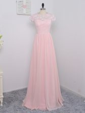  Baby Pink Short Sleeves Floor Length Lace Zipper Quinceanera Dama Dress