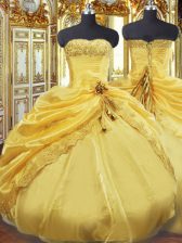 Comfortable Gold Ball Gowns Beading and Pick Ups 15th Birthday Dress Lace Up Taffeta Sleeveless Floor Length