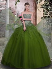 High Class Floor Length Olive Green Sweet 16 Dress Tulle Sleeveless Beading