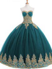 Elegant Ball Gowns Sweet 16 Quinceanera Dress Teal Sweetheart Tulle Sleeveless Floor Length Lace Up