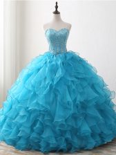 Popular Floor Length Lace Up 15 Quinceanera Dress Baby Blue for Party and Military Ball and Sweet 16 and Quinceanera with Beading and Ruffles