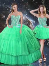  Apple Green Lace Up Sweetheart Ruffled Layers and Sequins Sweet 16 Quinceanera Dress Organza Sleeveless