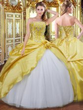  Gold Taffeta Lace Up Quinceanera Gowns Sleeveless Floor Length Beading and Hand Made Flower