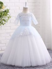 Custom Design Blue And White Little Girl Pageant Dress Wedding Party with Appliques Scoop Half Sleeves Clasp Handle