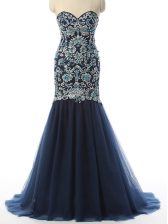 Decent With Train Mermaid Sleeveless Navy Blue Prom Gown Zipper