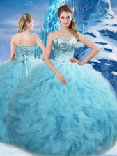  Floor Length Lace Up Quinceanera Dresses Aqua Blue for Military Ball and Sweet 16 and Quinceanera with Beading and Pick Ups