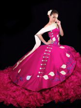 Hot Sale Lace Up Sweet 16 Dress Fuchsia for Military Ball and Sweet 16 and Quinceanera with Embroidery and Ruffles Brush Train