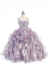  Lavender Ball Gowns Spaghetti Straps Sleeveless Organza Floor Length Lace Up Beading and Ruffles Kids Pageant Dress