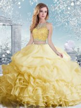 Delicate Yellow Bateau Clasp Handle Beading and Ruffles and Pick Ups 15 Quinceanera Dress Sleeveless