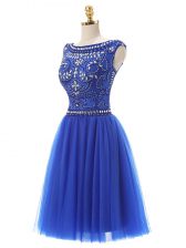 Custom Design Royal Blue Tulle Zipper Scoop Sleeveless Knee Length Prom Dress Beading