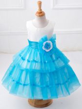 Nice Tea Length Baby Blue Flower Girl Dresses Scoop Sleeveless Zipper