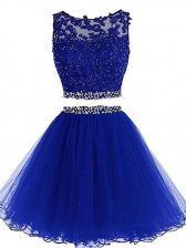 Modern Royal Blue Prom Gown Prom and Party and Sweet 16 with Beading and Lace and Appliques Scoop Sleeveless Zipper