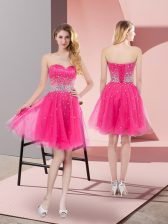  Hot Pink Sleeveless Mini Length Beading Lace Up Dress for Prom