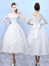 Beautiful Short Sleeves Ankle Length Beading and Lace and Bowknot Lace Up Quinceanera Court of Honor Dress with White
