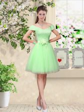 Pretty Apple Green A-line Tulle V-neck Cap Sleeves Lace and Belt Knee Length Lace Up Quinceanera Court Dresses