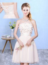 Exceptional Strapless Sleeveless Quinceanera Dama Dress Knee Length Appliques Champagne Chiffon
