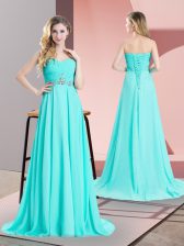 Pretty Lace Up Prom Evening Gown Aqua Blue for Prom and Military Ball with Beading and Ruching Brush Train