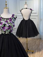New Arrival Black Tulle Backless Scoop Sleeveless Mini Length Prom Gown Hand Made Flower